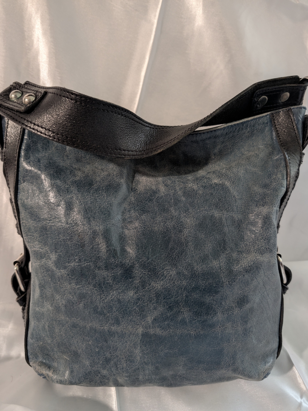 Tano Y2K Distressed Blue Leather Shoulder Bag Orange Interior Magnetic Close